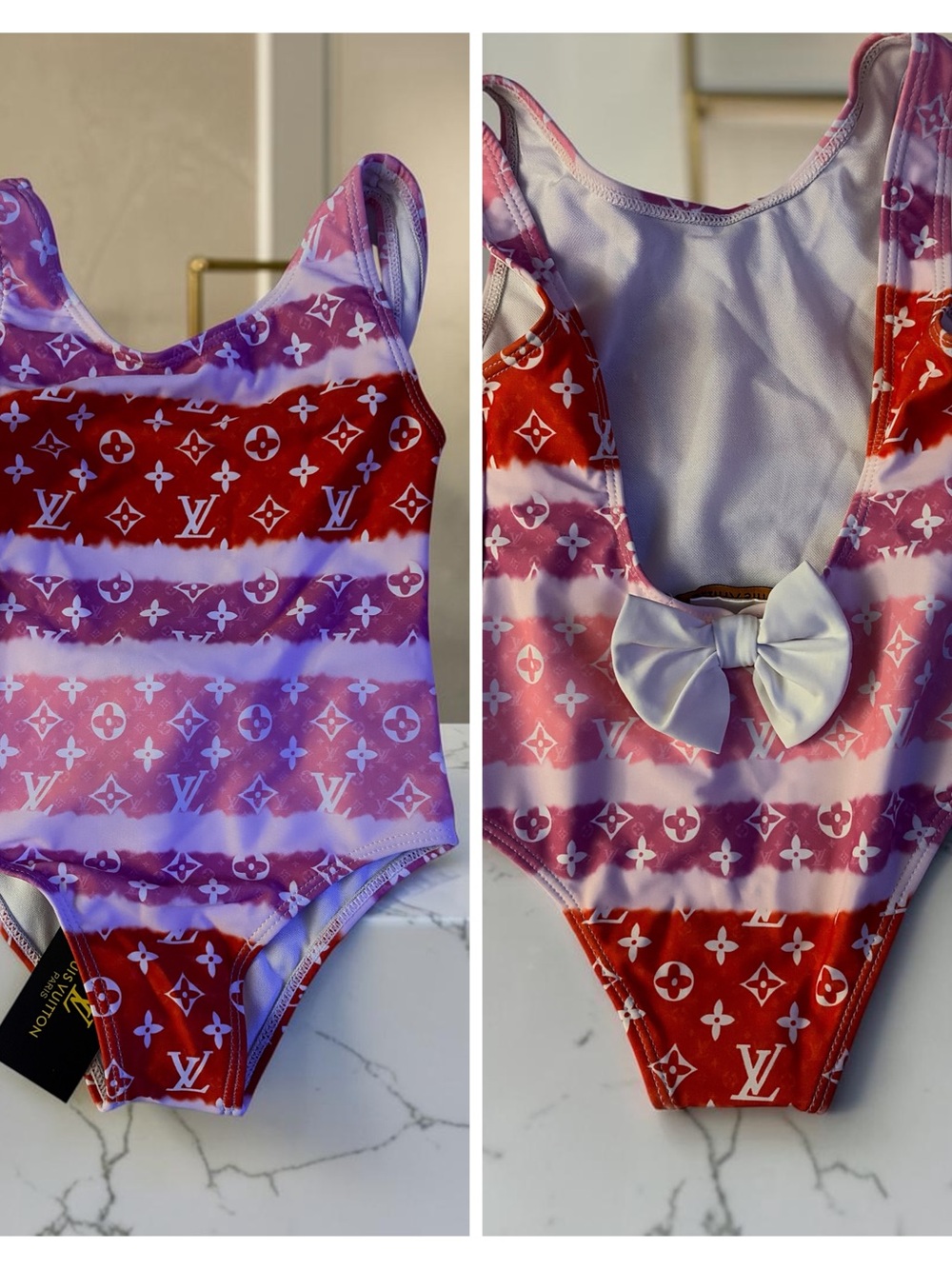 Designer-Inspired Kids One-Piece Swimsuit in Pink & Red with Bow